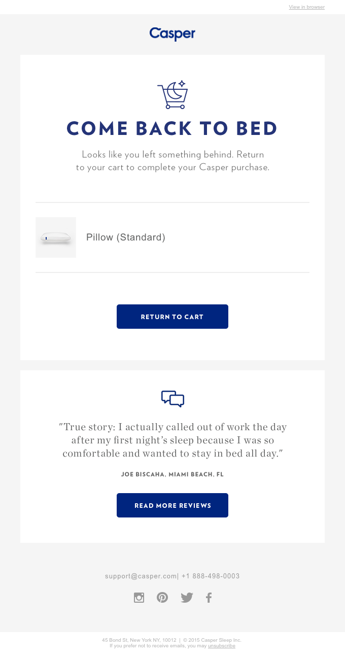 Casper Abandoned Cart Email featuring a pillow product
