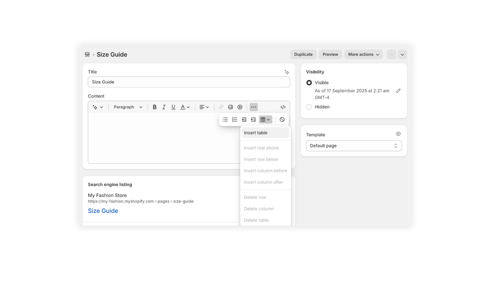 Shopify admin showing page editing and inserting table via rich text editor