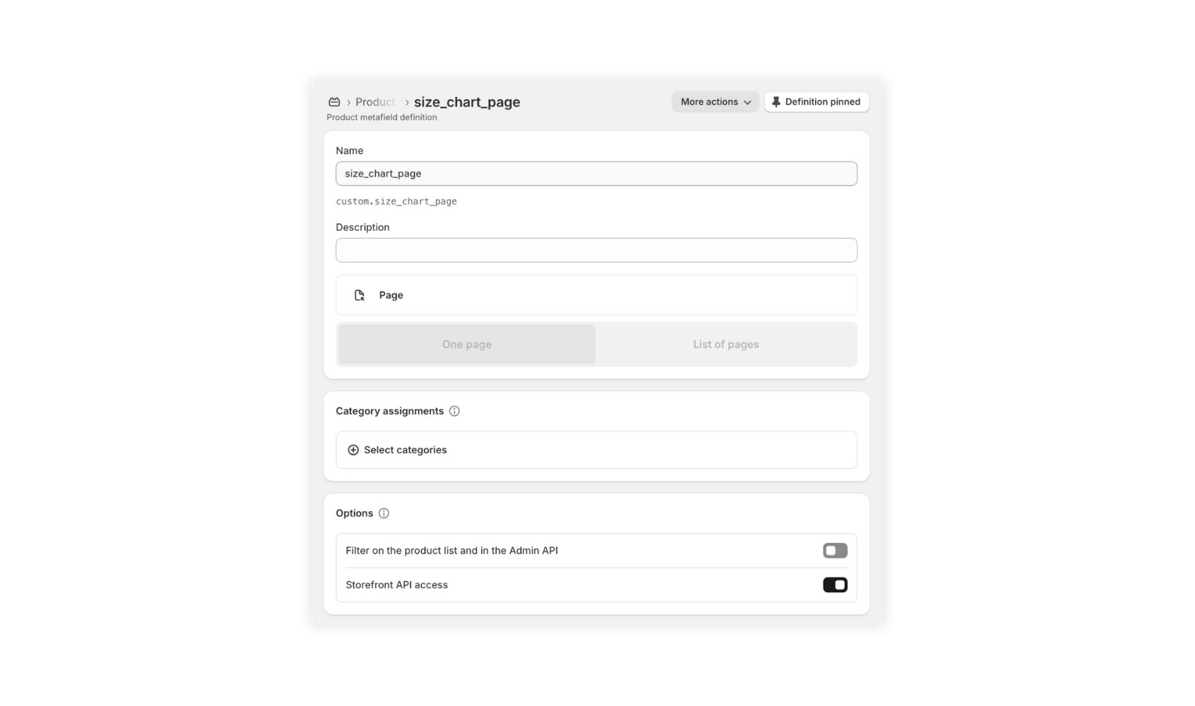 Shopify admin interface showing UI to create a new metafield definition