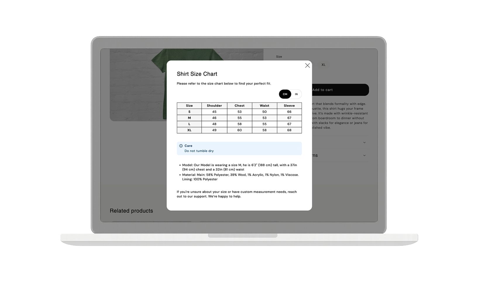 Shopify size chart showing on a laptop screen mockup