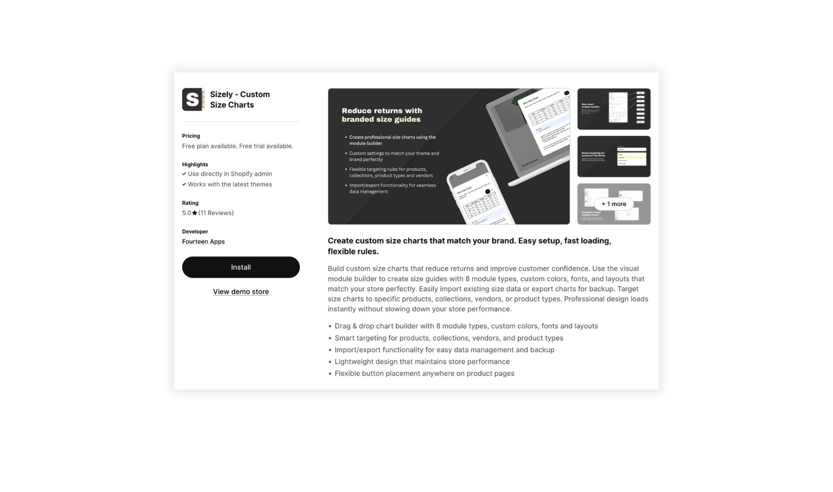 Shopify app store Pivotal Size Charts app listing page