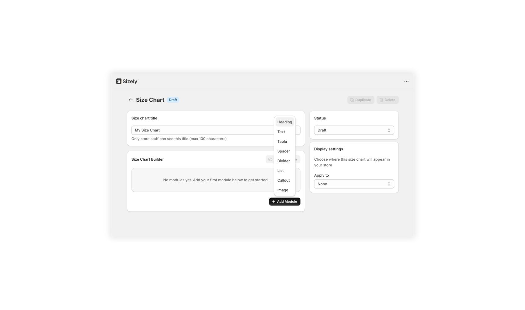 Pivotal Size Charts create a new size chart screen with Add module button active