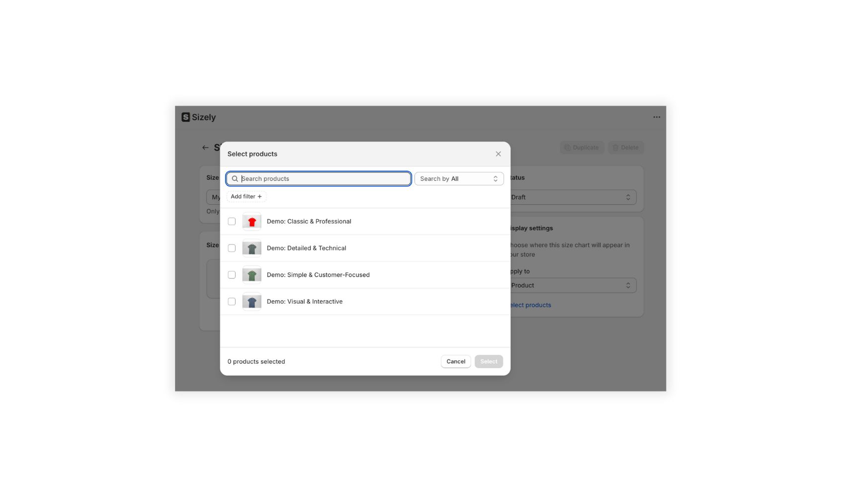 Pivotal Size Charts display settings modal showing product assignment options