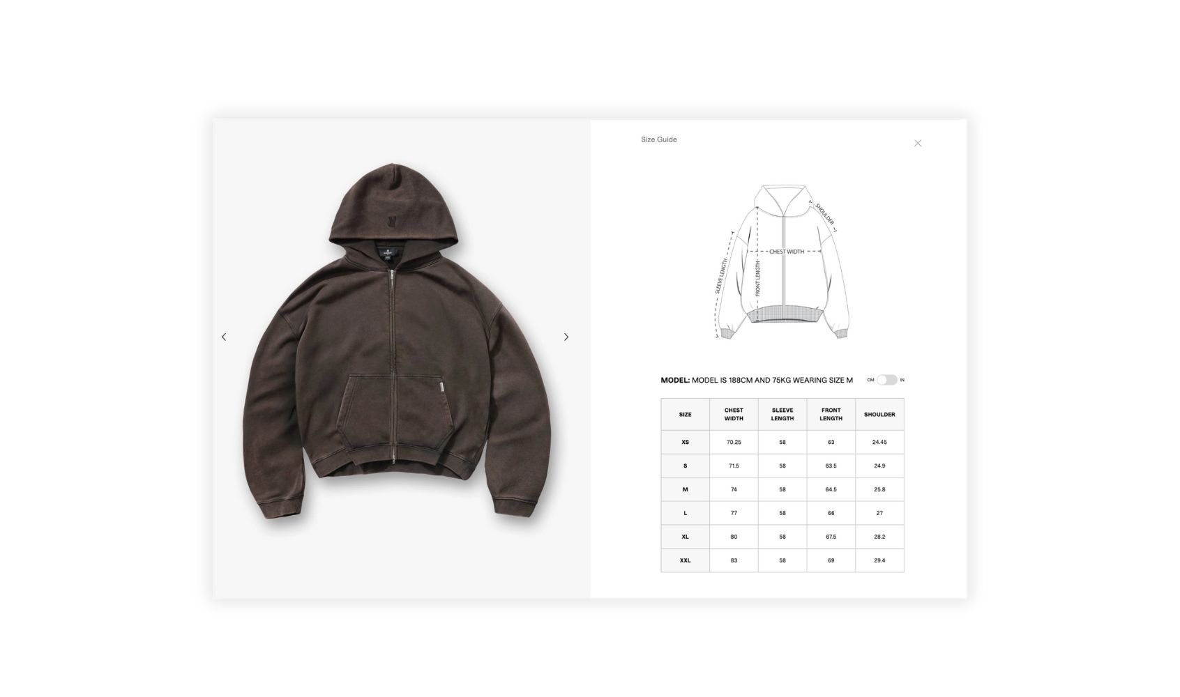 Represent clothing size chart on a hoodie product page