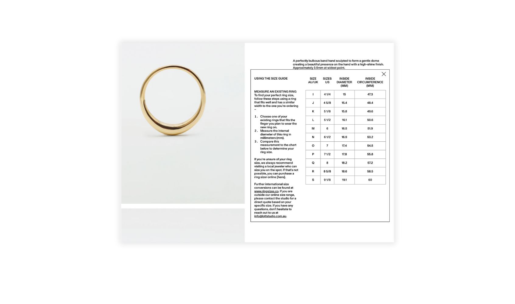 A popup size chart on a ring product page